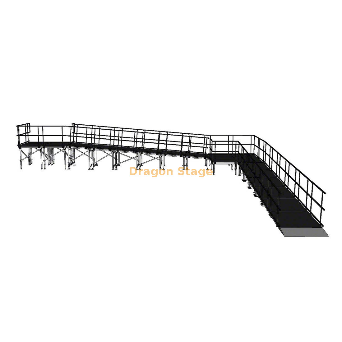 Rampa de escenario modular de aluminio de 90 grados, 12,25 x 10,70 m, con descanso y barandillas