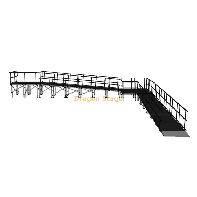 Rampa de escenario modular de aluminio de 90 grados, 12,25 x 10,70 m, con descanso y barandillas