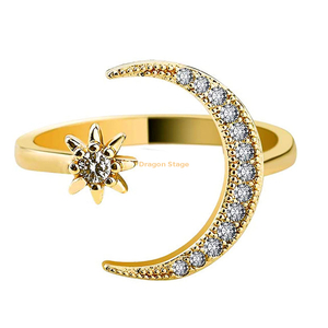 Anillo de dedo abierto joyería de mujer circón cúbico acero inoxidable 14k 18k chapado en oro luna y estrella anillo de bodas ajustable