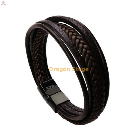 Venta al por mayor de joyería OEM, brazalete tejido con cierre magnético, pulseras de cuero trenzadas genuinas en blanco personalizadas de acero inoxidable para hombres negros