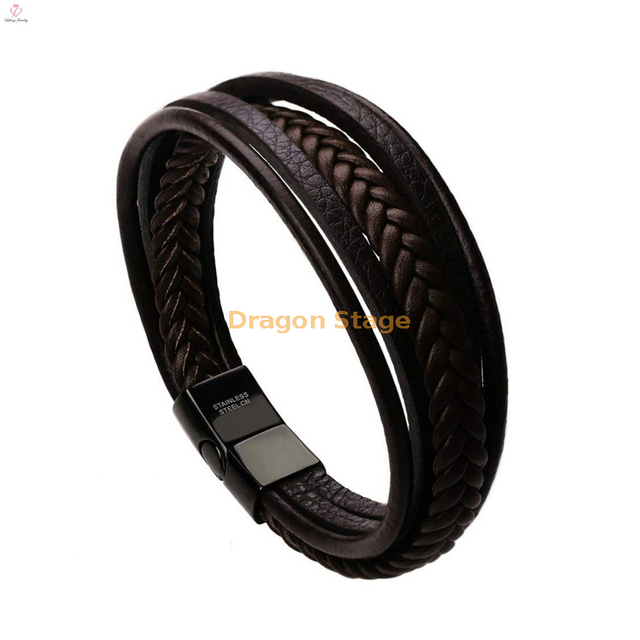 Venta al por mayor, joyería OEM barata, brazalete tejido, cierre magnético, personalizado, en blanco, genuino, trenzado, acero inoxidable, negro, hombres, pulseras de cuero