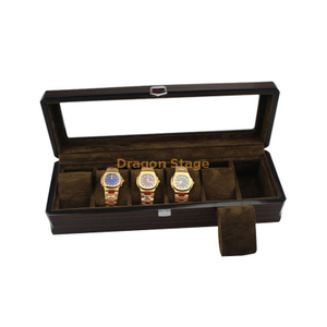 Caja de almacenamiento de reloj de madera larga de exhibición personalizada de lujo para relojes de 6 ranuras