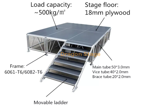 Fabricante de China, venta al por mayor, plataforma de escenario de aluminio para exteriores, cubierta de escenario modular de 4x8 pies (12,2x6,1 m, 40x20 pies de altura 1,2-2 m con 2 escaleras ajustables)