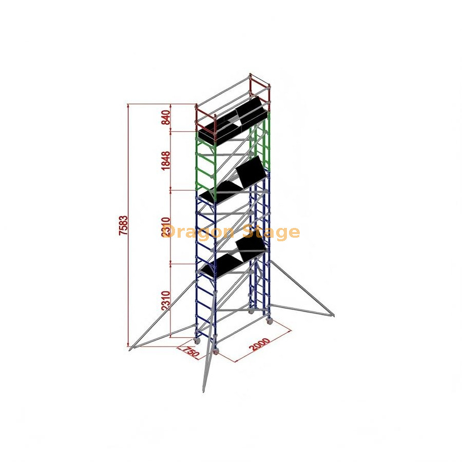 torre de andamio personalizada de aluminio con soporte &uacute;nico de 0.75x2x7.53M