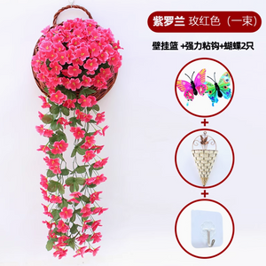 Orquídea colgante de pared violeta simulada Gran hortensia artificial Flor de plástico Flor de seda Ratán Rose Rojo 1 Gran gancho de suministro de violeta