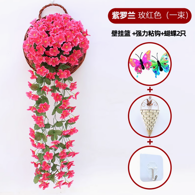 Orquídea colgante de pared violeta simulada Gran hortensia artificial Flor de plástico Flor de seda Ratán Rose Rojo 1 Gran gancho de suministro de violeta