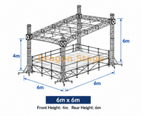 Sistema de armadura de aluminio para techo plano de 6x6 m con altura delantera de 4 m y parte trasera de 6 m