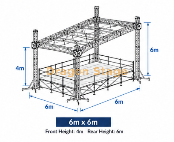 Sistema de armadura de aluminio para techo plano de 6x6 m con altura delantera de 4 m y parte trasera de 6 m