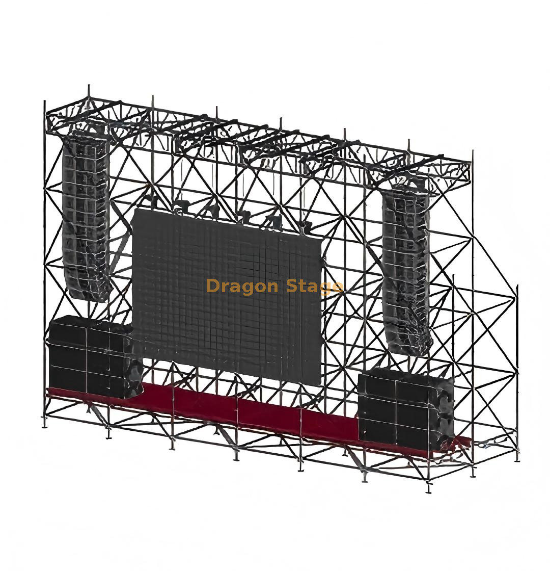 Pantalla LED Ringlock de 12x4x8m y estructura colgante Line Array con 6 vigas de sección superior