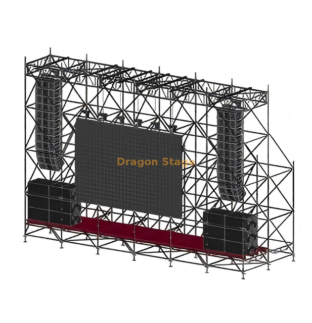 Pantalla LED Ringlock de 12x4x8m y estructura colgante Line Array con 6 vigas de sección superior
