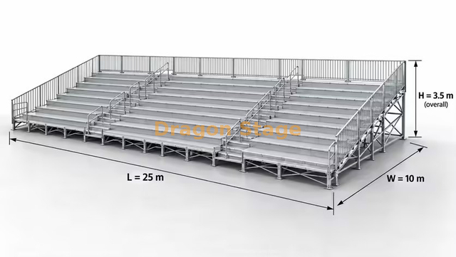 Sistema de asientos de tribuna Ringlock de 25x10 m con dos pasillos y barandillas de 3 lados