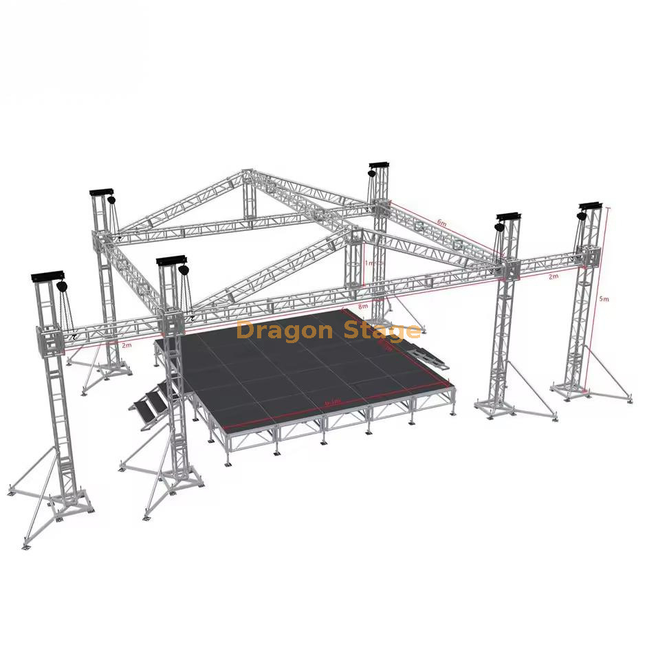 Sistema de armadura de escenario de aluminio con techo de pico para exteriores, 8x6x5m, con alas de altavoz