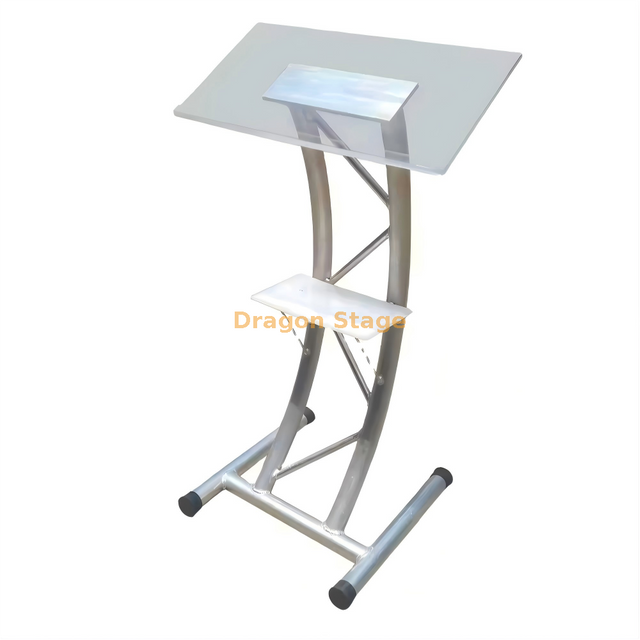 Podio moderno de acrílico transparente con marco de armadura de aluminio plateado