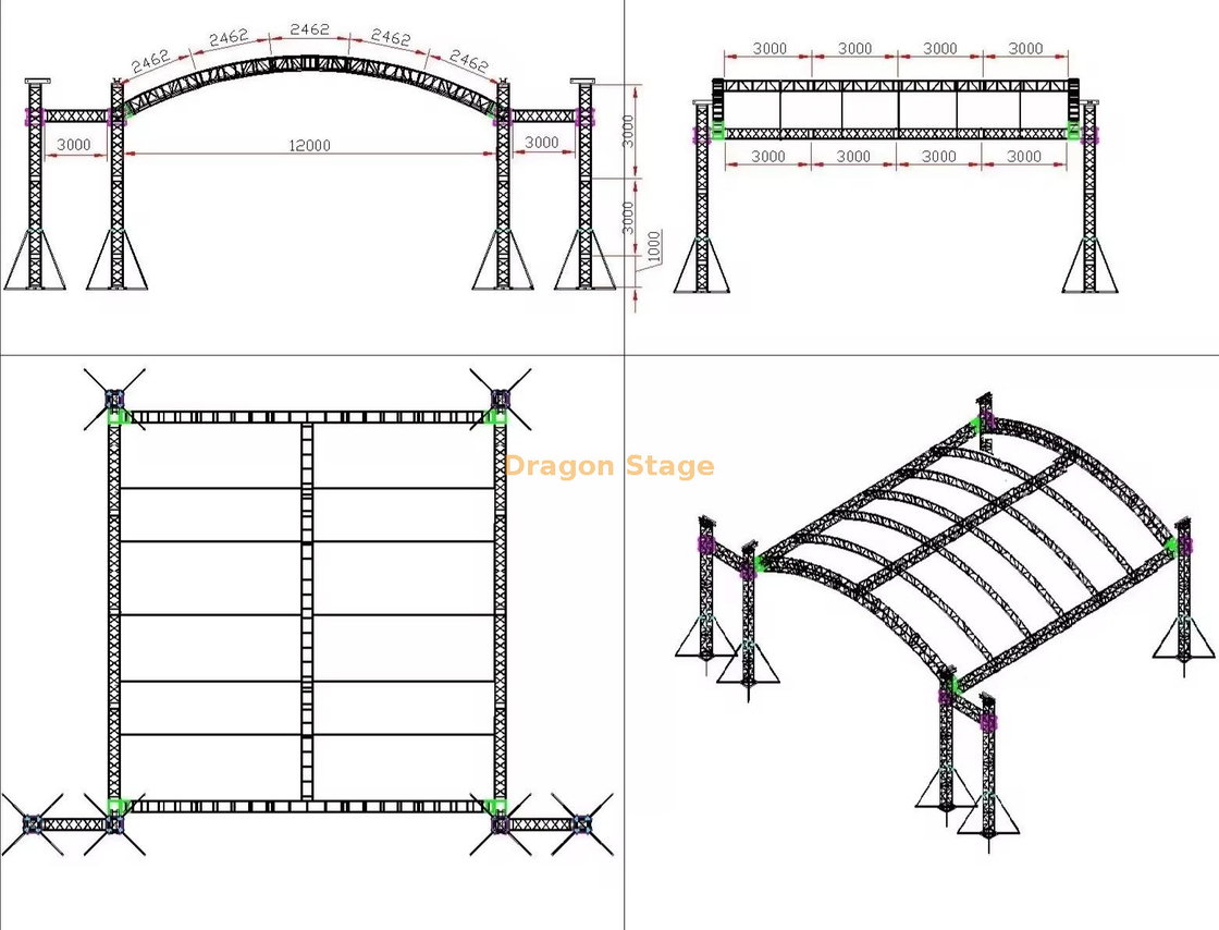 Sistema de armadura de techo en arco de aluminio de 12x12x6m con alas de altavoz de 3m