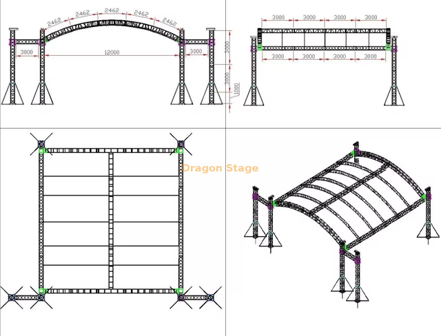 Sistema de armadura de techo en arco de aluminio de 12x12x6m con alas de altavoz de 3m